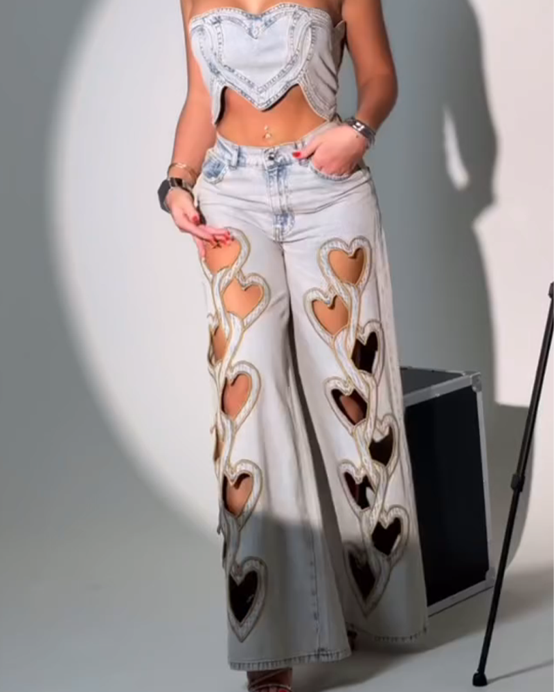 High-Waisted Heart-Cut Straight Jeans Set