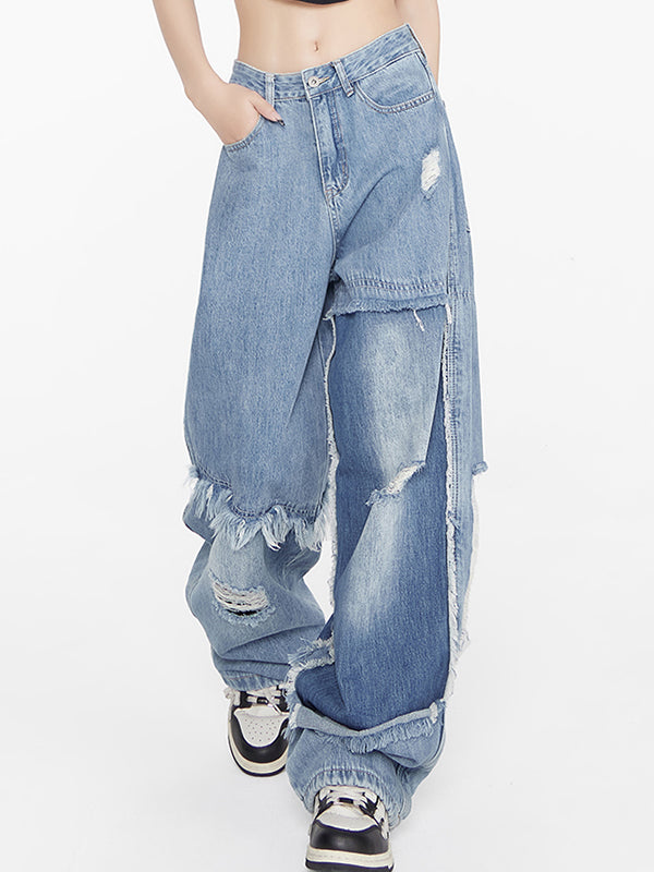 Niche slimming straight wide legs Ripped Jeans