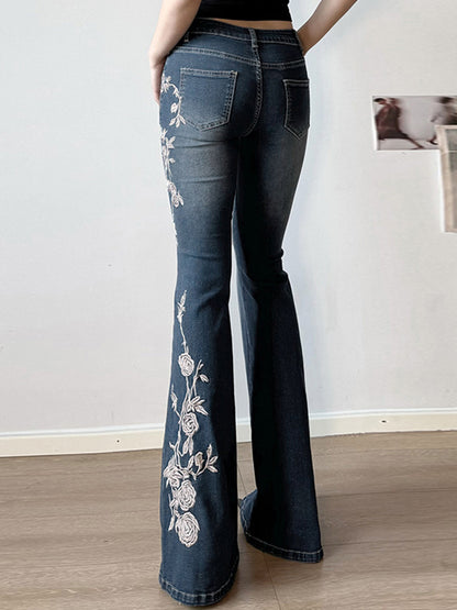 Rose Embroidery Vintage Gradient Flare Jeans