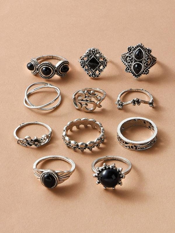 11pcs Skull & Gemstone Decor Ring for Women