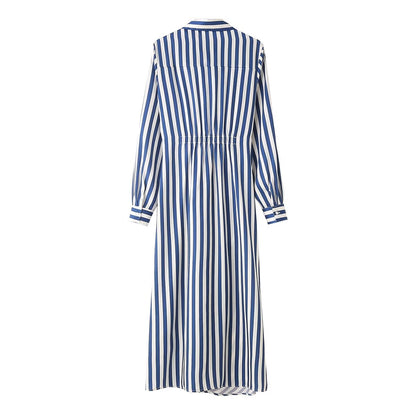 Spring Women Long Sleeve Striped Long Shirt Slim Dress
