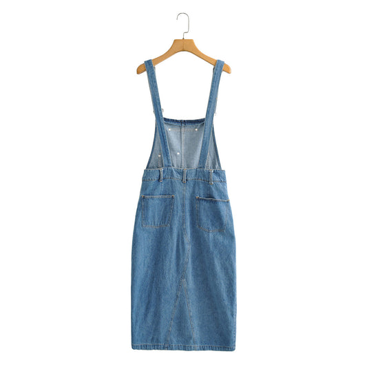 Spring Summer Casual Slit Hemline at Hem Denim Suspender Women