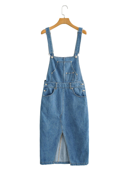 Spring Summer Casual Slit Hemline at Hem Denim Suspender Women