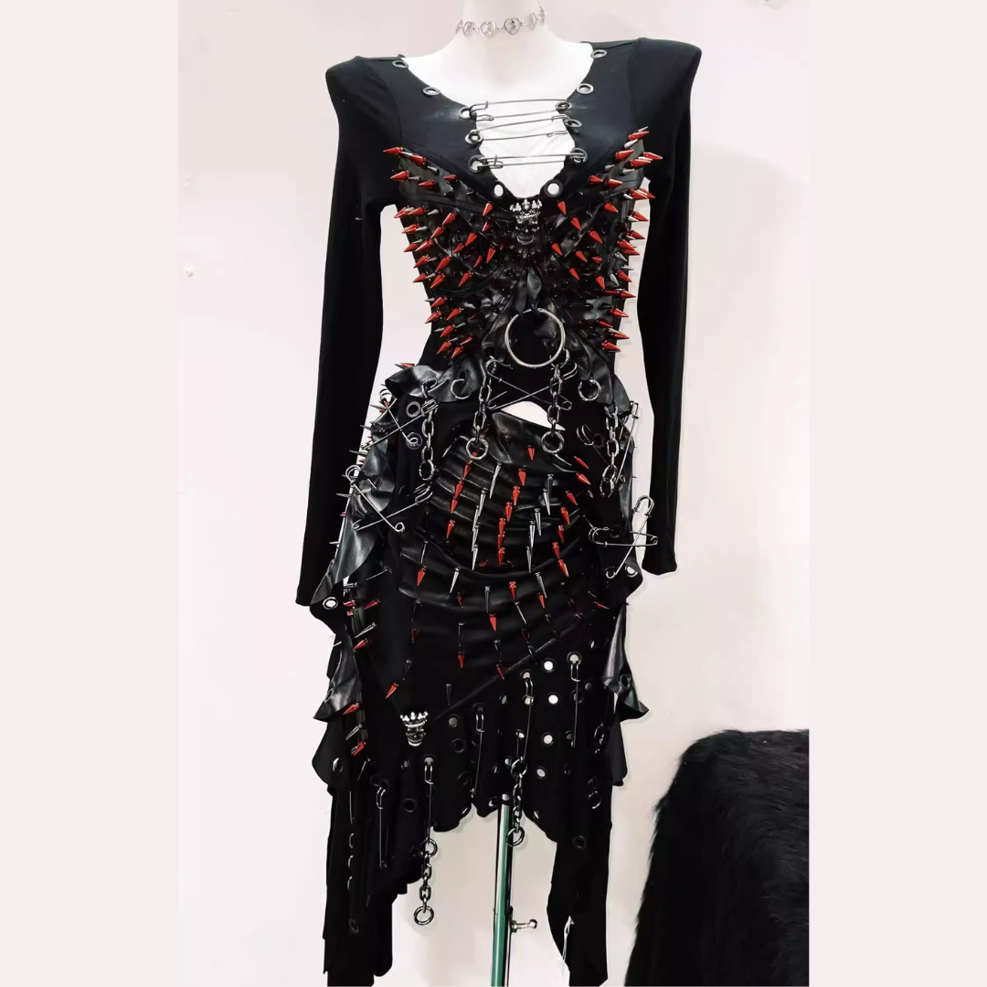 Long sleeve rivet metal chain PU leather top  | Festival Outfits Women