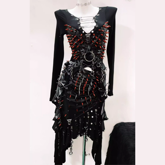Long sleeve rivet metal chain PU leather top  | Festival Outfits Women