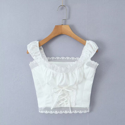 Winter Square Collar Lace Up Lace Vest Stitching Lotus Leaf Skirt Set Women