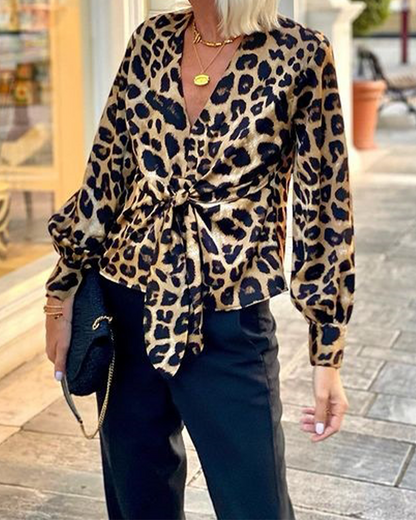 Leopard Print V-Neck Temperament Long Sleeve Shirt