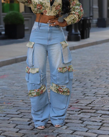 Floral Denim Overalls Suit