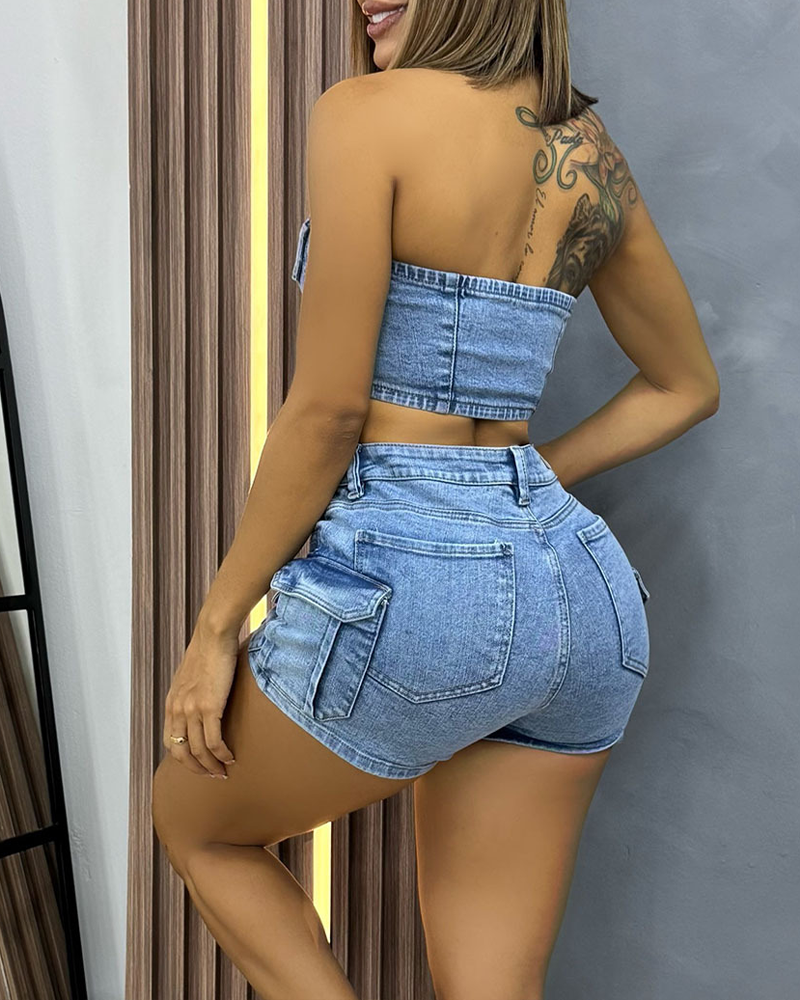 Sexy Tube Top With Multiple Pockets Shorts Set