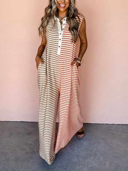 Ladies Spring Summer Jumpsuit Mixed Color Stripe Sleeveless Loose Fresh Wide Leg Long One Piece