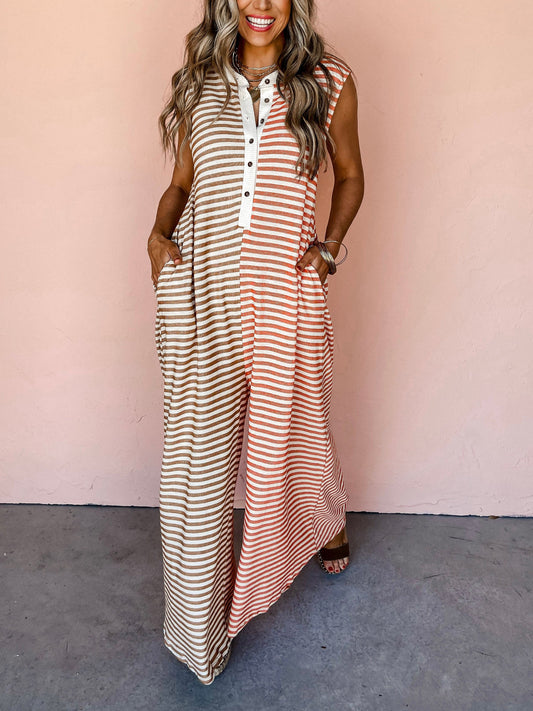 Ladies Spring Summer Jumpsuit Mixed Color Stripe Sleeveless Loose Fresh Wide Leg Long One Piece