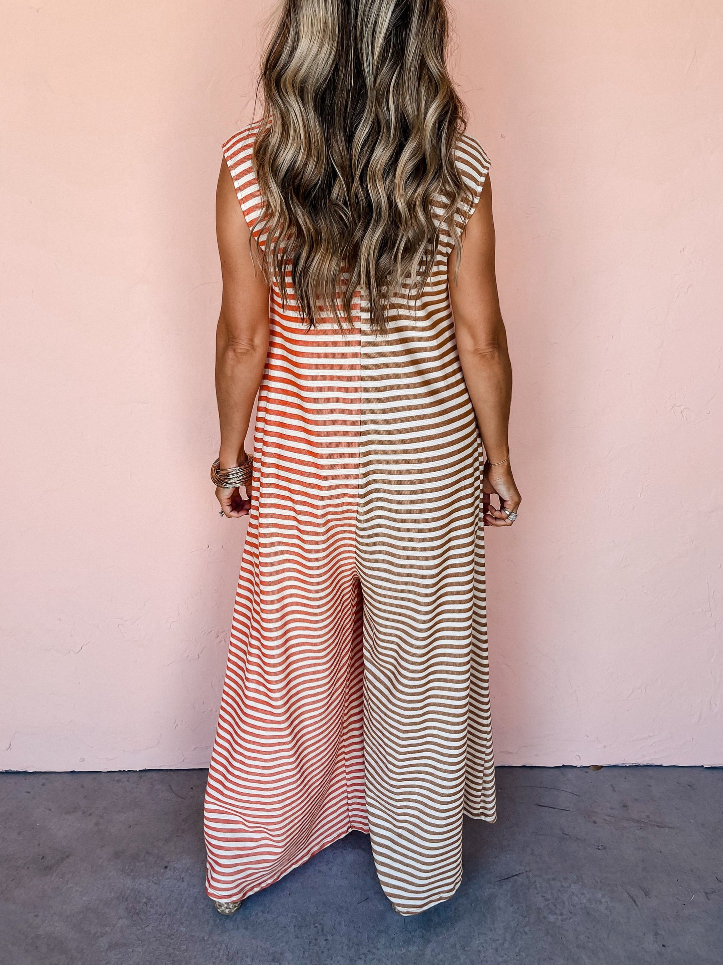 Ladies Spring Summer Jumpsuit Mixed Color Stripe Sleeveless Loose Fresh Wide Leg Long One Piece