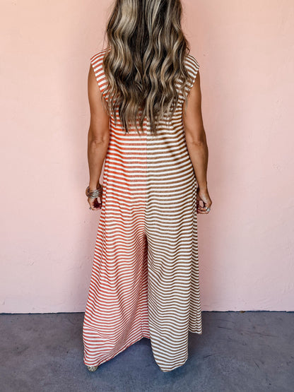 Ladies Spring Summer Jumpsuit Mixed Color Stripe Sleeveless Loose Fresh Wide Leg Long One Piece