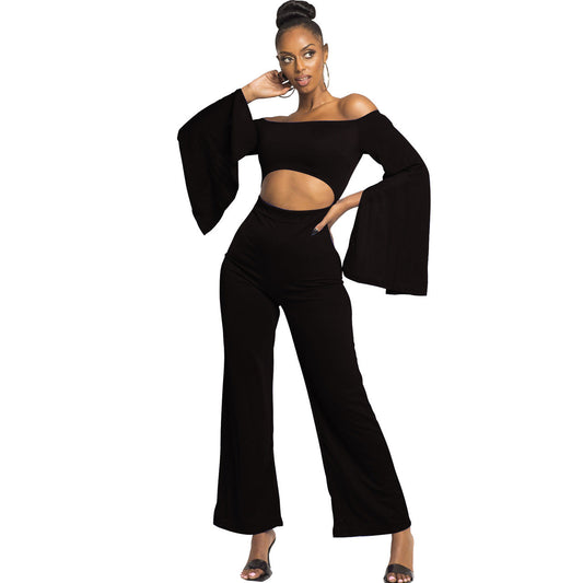 Boutique Casual Solid Color Long Sleeves Cropped off Shoulder Jumpsuit
