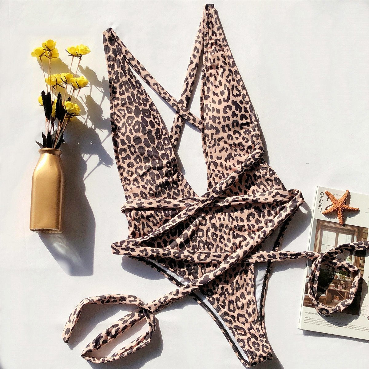 One-piece Leopard Print Hollow Strap Swimsuit