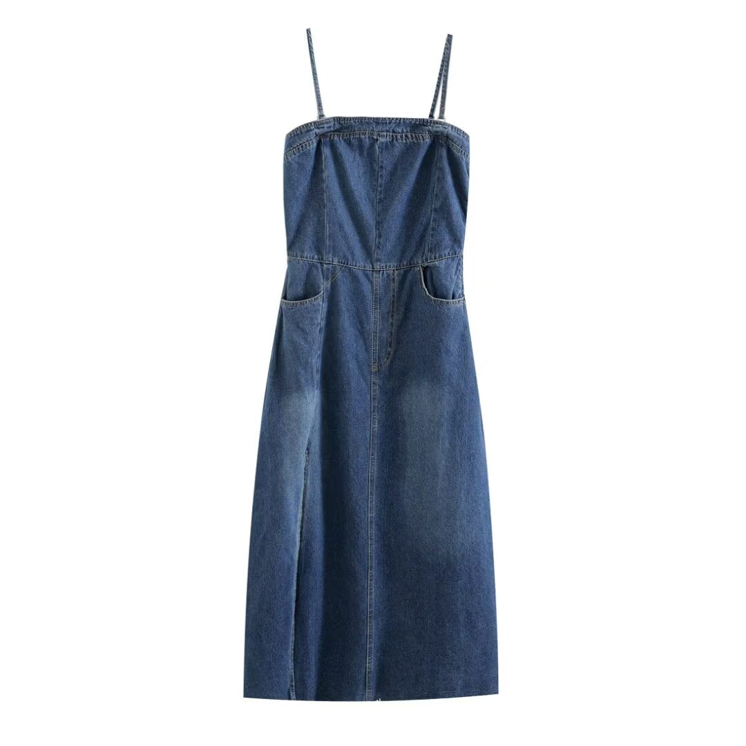 Women Clothing French Casual Slim Sheath Denim Camisole Dress