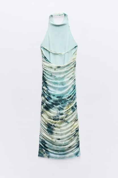 Spring Summer Women Clothing Ink Printing Deep V Plunge Large Backless Dress