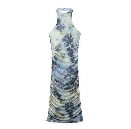 Spring Summer Women Clothing Ink Printing Deep V Plunge Large Backless Dress