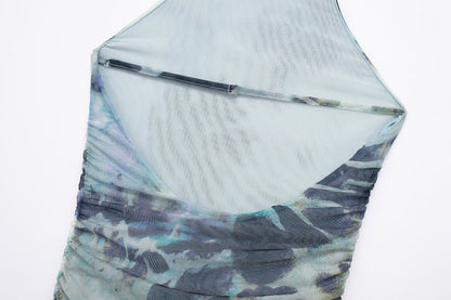 Spring Summer Women Clothing Ink Printing Deep V Plunge Large Backless Dress