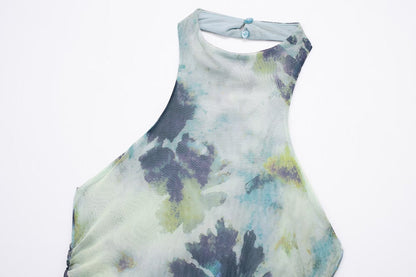 Spring Summer Women Clothing Ink Printing Deep V Plunge Large Backless Dress