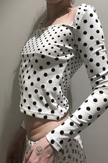 Polka Dot Contrast Trim Square Neck Sexy Crop Top