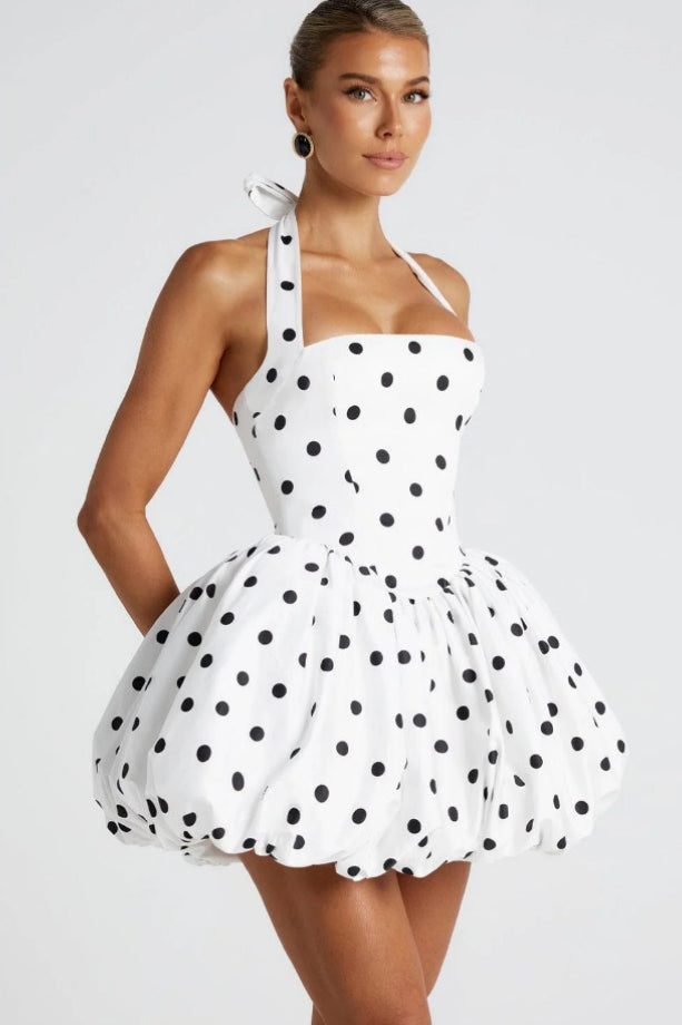 Elegant Halter Tie Bow Puffy Hem Mini Dress