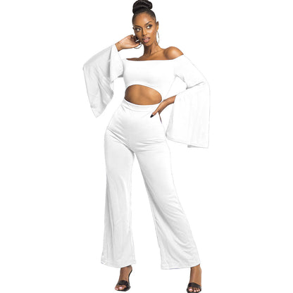 Boutique Casual Solid Color Long Sleeves Cropped off Shoulder Jumpsuit