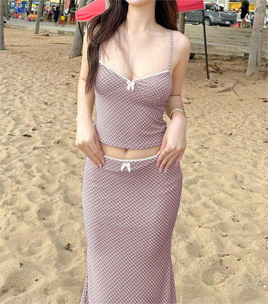 Women Clothing Summer Sweet Printed Suit Sexy Cropped Small Strap Slim Fit Dress Two Piece Set Women