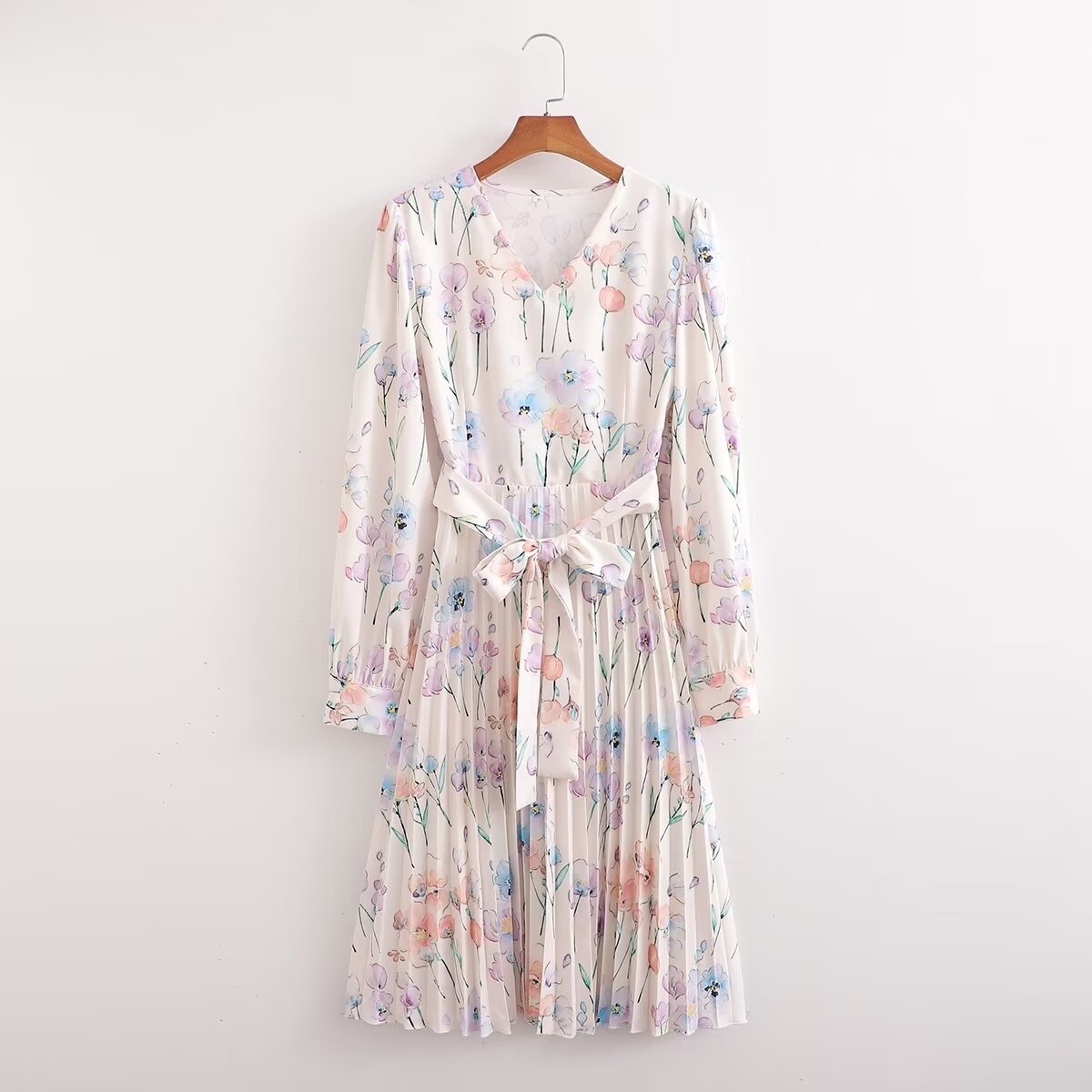 Spring Women Crumpled Printed Long Sleeve Dress