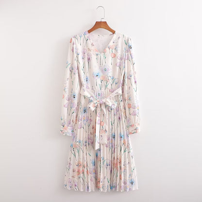 Spring Women Crumpled Printed Long Sleeve Dress