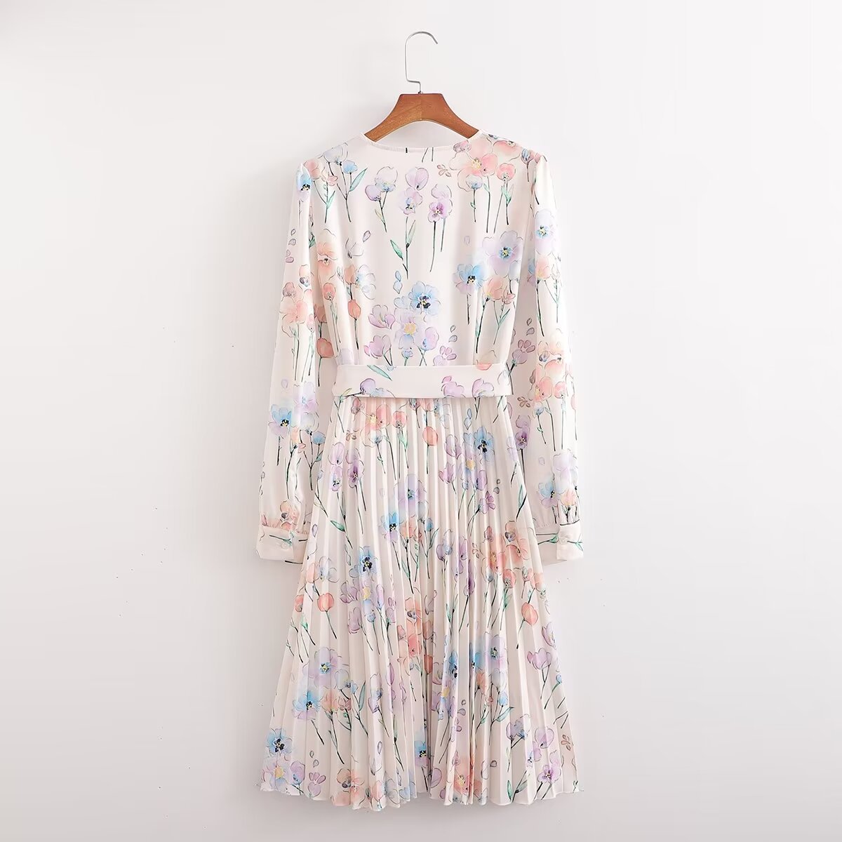 Spring Women Crumpled Printed Long Sleeve Dress