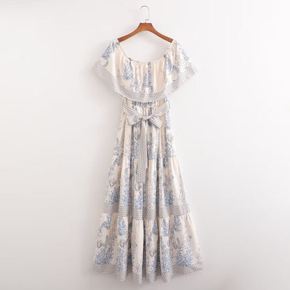 Spring Women Lotus Leaf Shoulder Printing Mid Length Dress