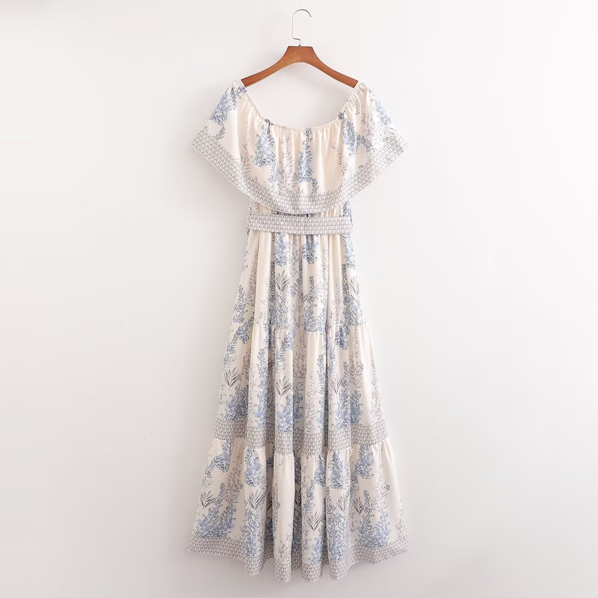 Spring Women Lotus Leaf Shoulder Printing Mid Length Dress