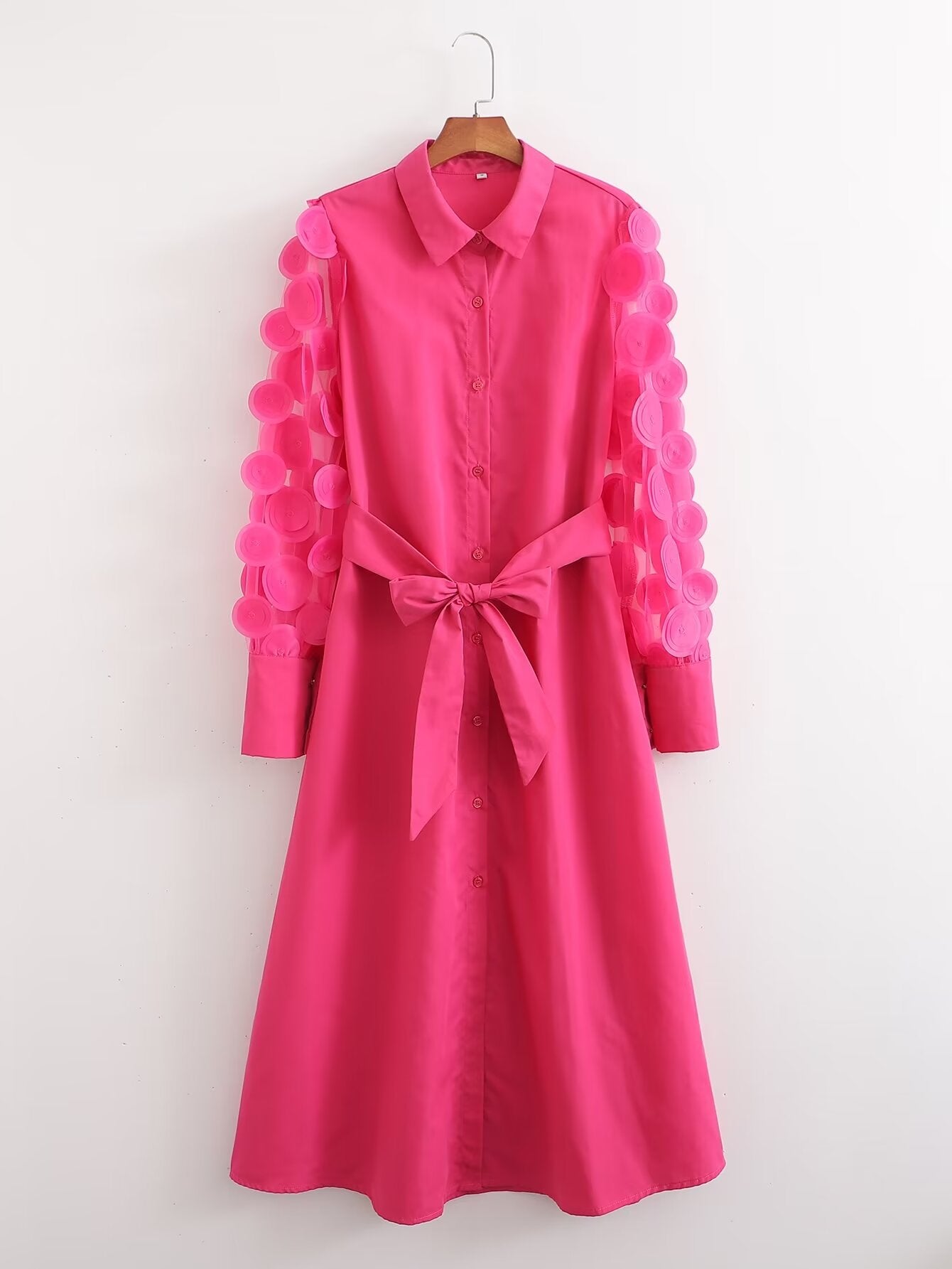 Spring Women Rose Red Long Sleeve Stitching Dress