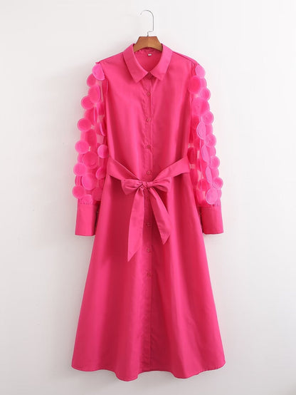 Spring Women Rose Red Long Sleeve Stitching Dress