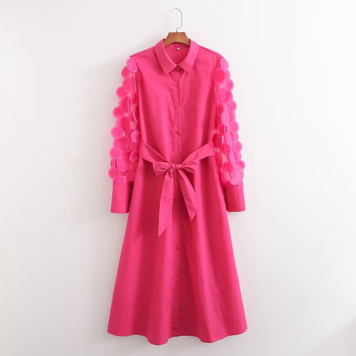 Spring Women Rose Red Long Sleeve Stitching Dress