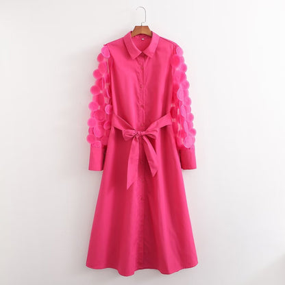 Spring Women Rose Red Long Sleeve Stitching Dress