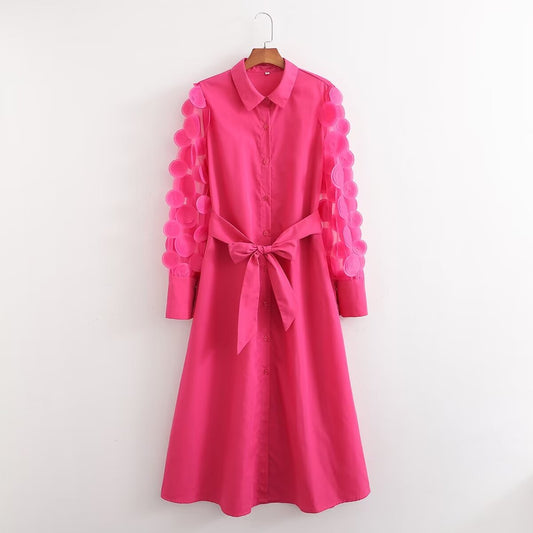 Spring Women Rose Red Long Sleeve Stitching Dress
