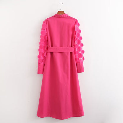 Spring Women Rose Red Long Sleeve Stitching Dress