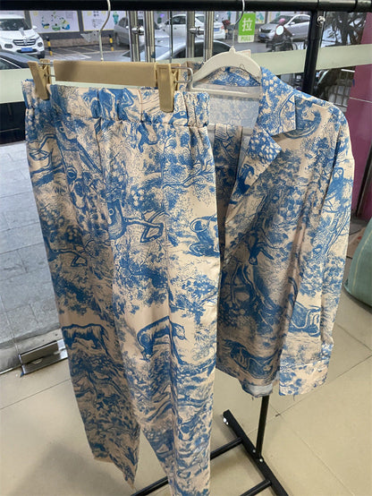 French Print Long Sleeve Lace up Shirt High Waist Wide Leg Pants Women Sets