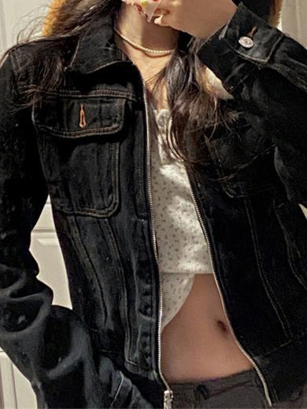 Denim Lapel Neck Zip Up Short Jacket