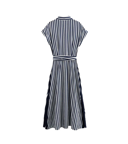 Fall Women Clothing Polo Collar Stripes Single Breasted Waist Slimming Dress Dress
