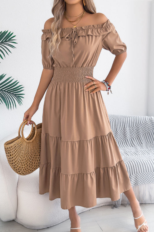 Stylish Off-shoulder Short-sleeved Pleated Waist Casual Midi Dress