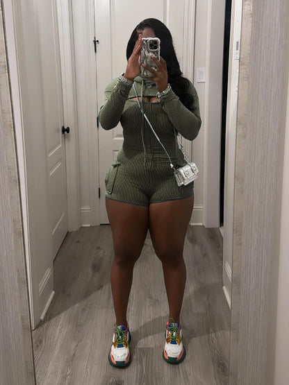 Women Wear Spring Summer Long Sleeve Hooded Suspenders Slim Fit Bodysuit Two Piece Set