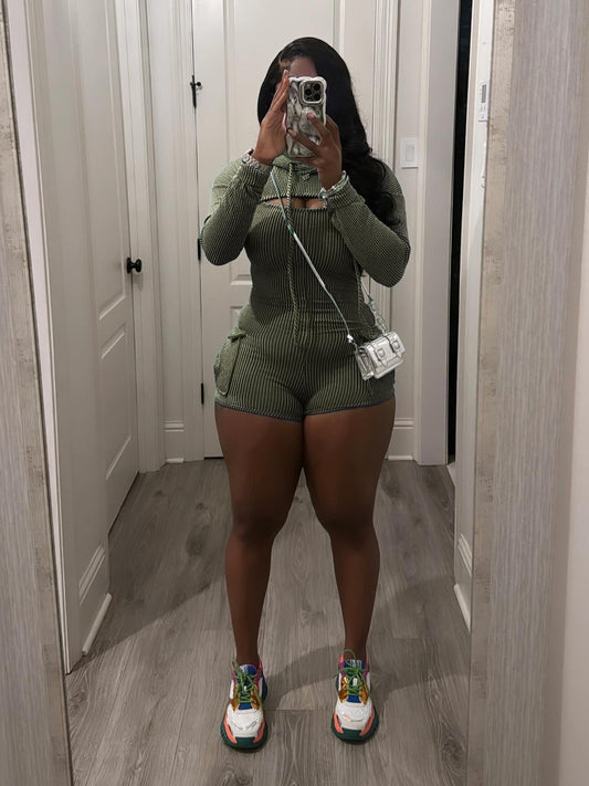 Women Wear Spring Summer Long Sleeve Hooded Suspenders Slim Fit Bodysuit Two Piece Set