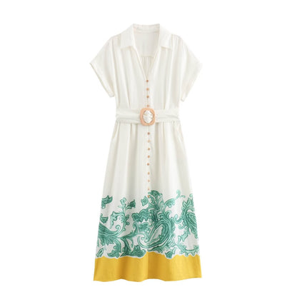 Summer Women Clothing Cotton Linen Printed Shirt Dress