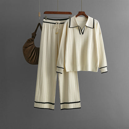 Autumn Winter Polo Collar Contrast Color Casual Set High Waist Slimming Knitted Two Piece Set