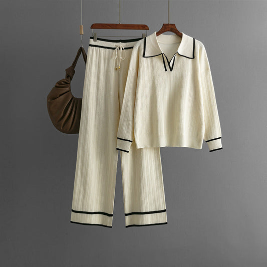 Autumn Winter Polo Collar Contrast Color Casual Set High Waist Slimming Knitted Two Piece Set