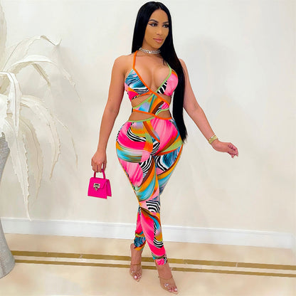 Summer Women Clothing Sexy Nightclub Digital Printing Cross Strap Jumpsuit