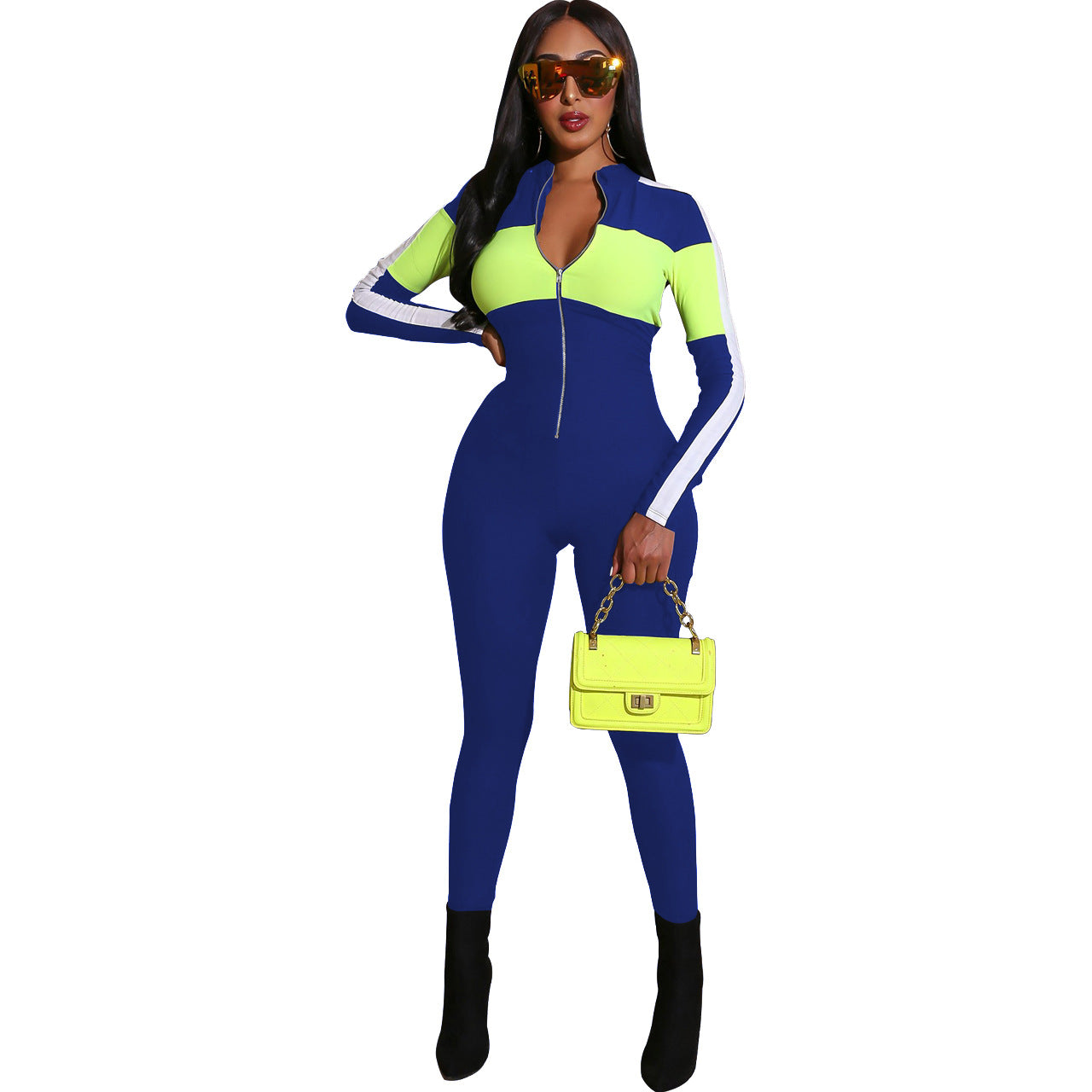Popular Sports Deep V Plunge Multi Color Jumpsuit